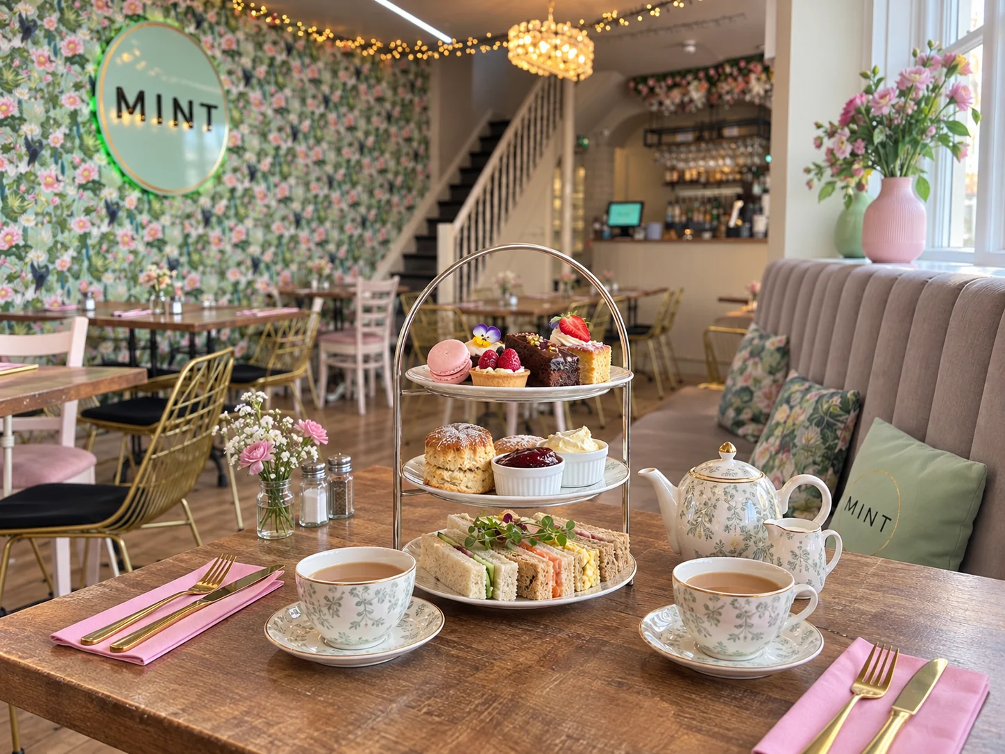 Afternoon tea with sandwiches, cakes and tea