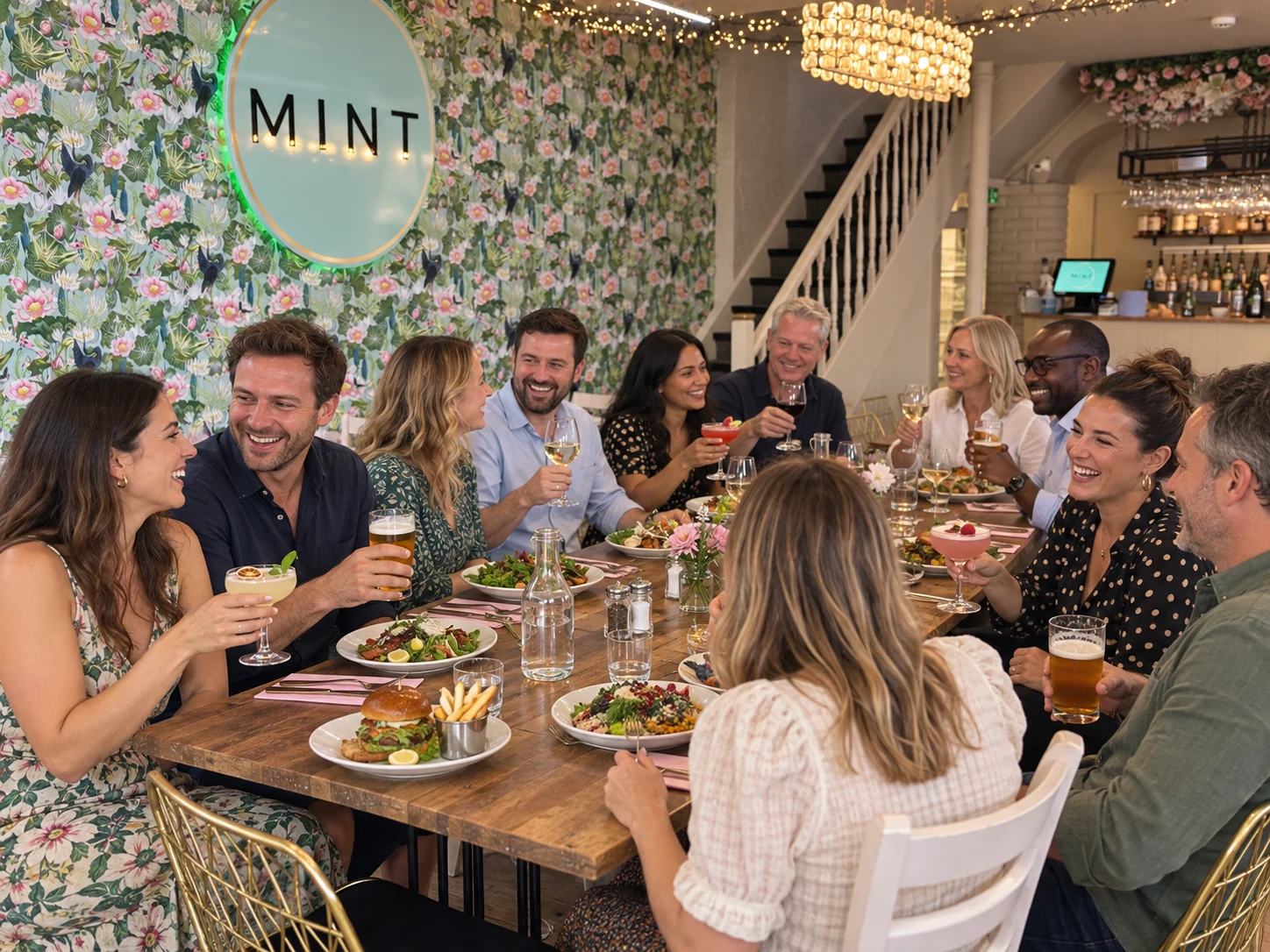 A large group celebrating around a table at MINT