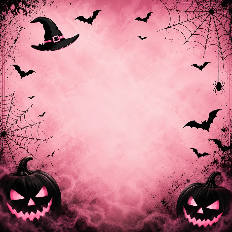 Pink Halloween artwork with bats and pumpkins